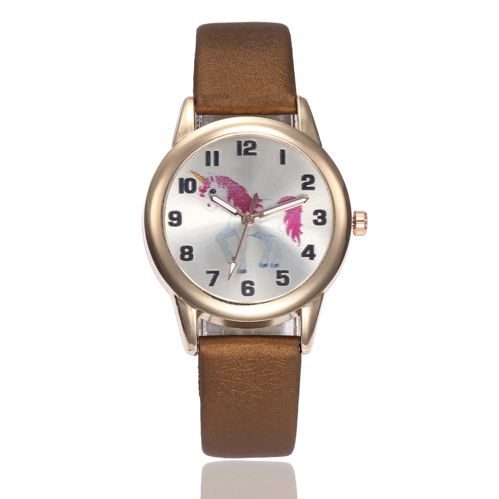 H592-Brown Детские модные часы с милым мультяшным единорогом, женские наручные часы с кожаным ремешком, классические цифровые часы для девочек и мальчиков, женские часы, Детские кварцевые часы - Цвет: H592-Brown