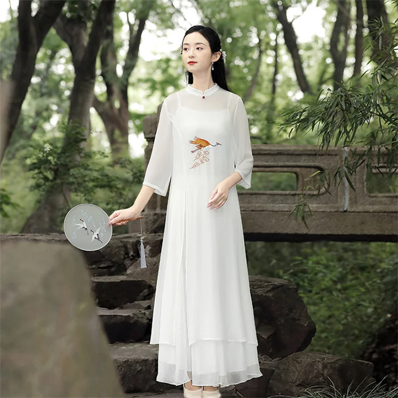

2021 элегантное платье-Ципао в китайском стиле, традиционное летнее женское винтажное платье с цветочной вышивкой, женские шифоновые платья