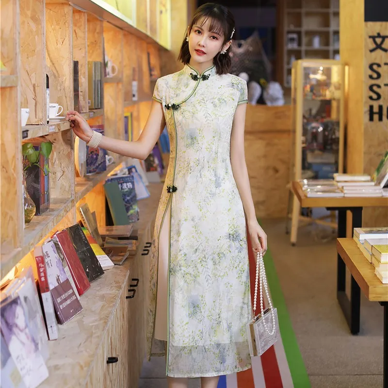 

Women Exquisite Handmade Button Chinese A-Line Dress Summer Long Novelty Qipao Elegant Print Cheongsam Formal Party Dresses