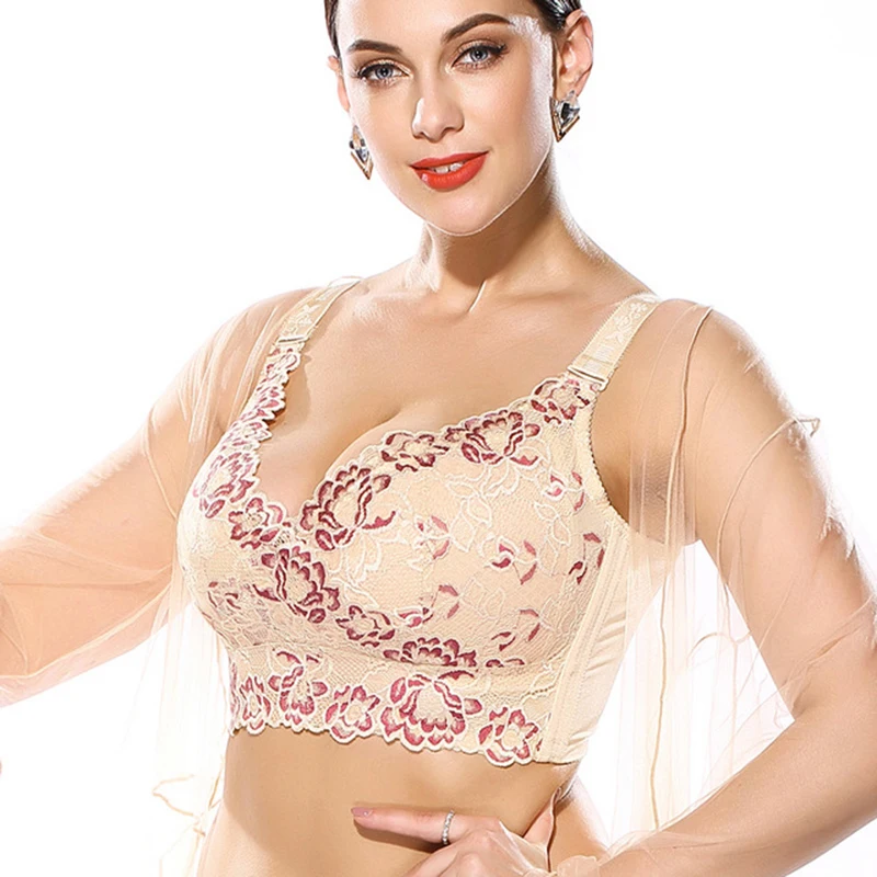 

Женское кружевное нижнее белье с полным покрытием, размера плюс с цветочной вышивкой, женский бюстгальтер-минимайзер, большие размеры 40 42 44 ...
