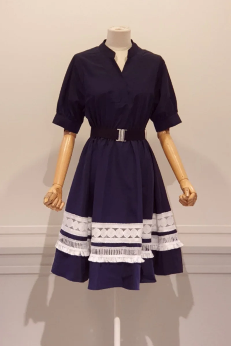 

Lace Stitching Slim Waist Dress 2021 Summer Stand Collar Fashion Swing Dress Female Short Sleeve A Line Korean Dress