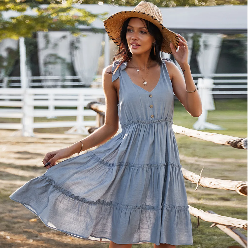 

Chic Bowknot Spaghetti Strap A Line Casual Women Dress Sexy V Neck Backless Slim Solid Short Dress Female Party Gown