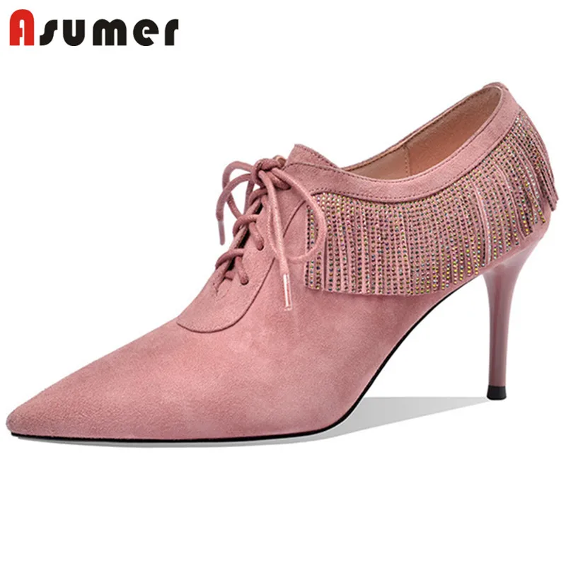 

Женские замшевые туфли-лодочки ASUMER, с кисточками и кристаллами, на шнуровке, с острым носком, свадебные туфли для вечеринки, 2022