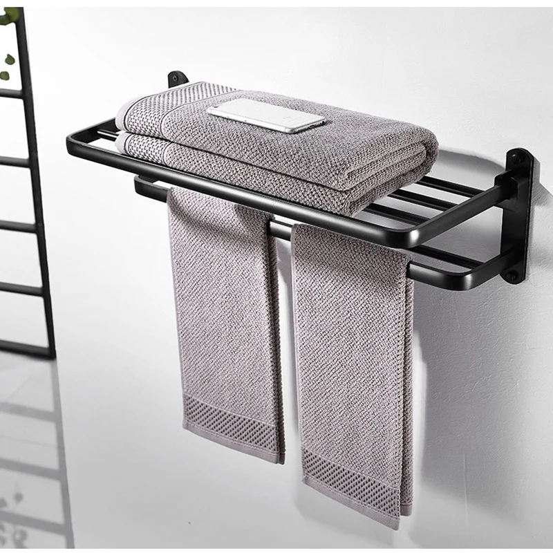 

2PCS Aluminum Black Foldable Towel Holder Hair Dryer Holder Set Towel Shelf Wall Mounted Bathroom Towel Rack