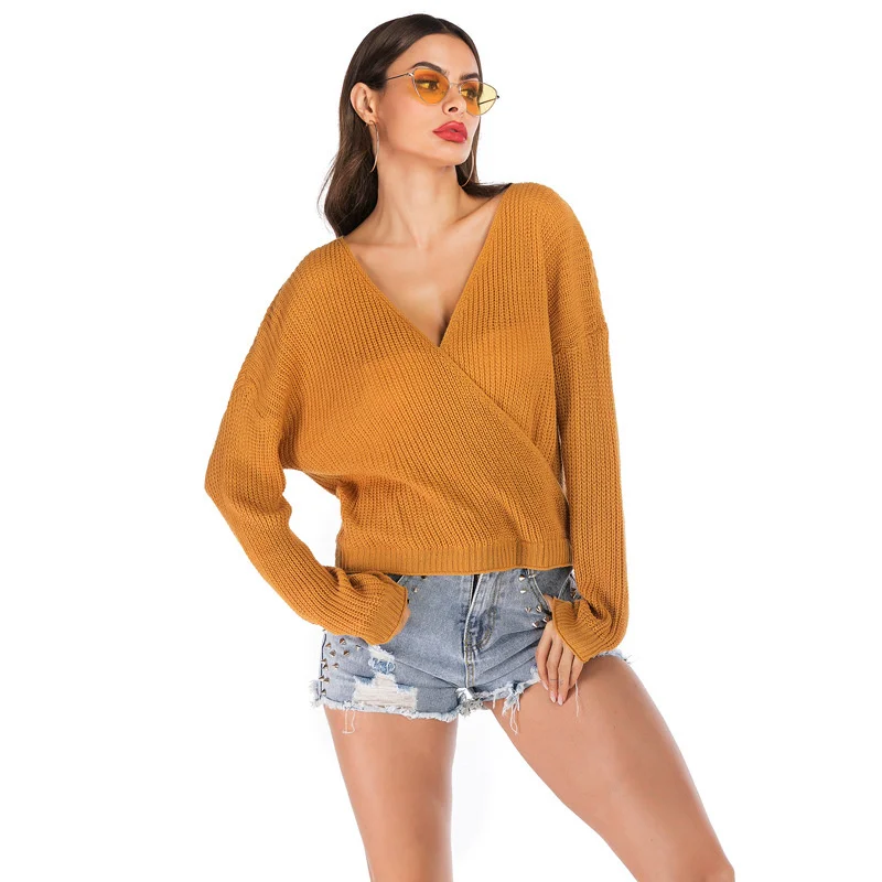 

2021 Autumn New Solid Color V-neck Cross Long Sleeve Knitted Pullover With Sweater For Women Fashion Tops