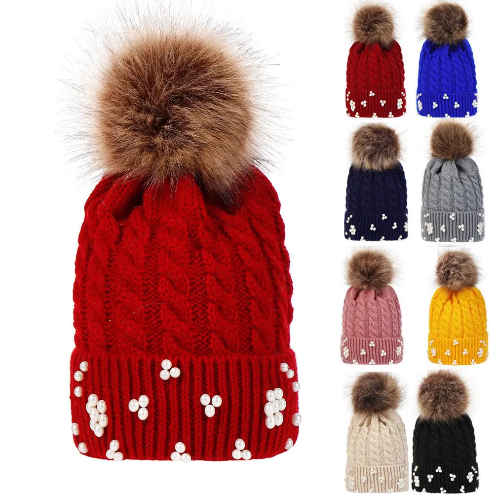 Toddler Kids Baby Boys Girls Knitting Hat Fashion Warm Winter Pearl Knit Beanie Fur Pom Crochet Ski Caps Casual Hats | Детская одежда и
