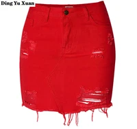 irregular style womens high waist red ripped denim short skirt women saia jeans package hip
