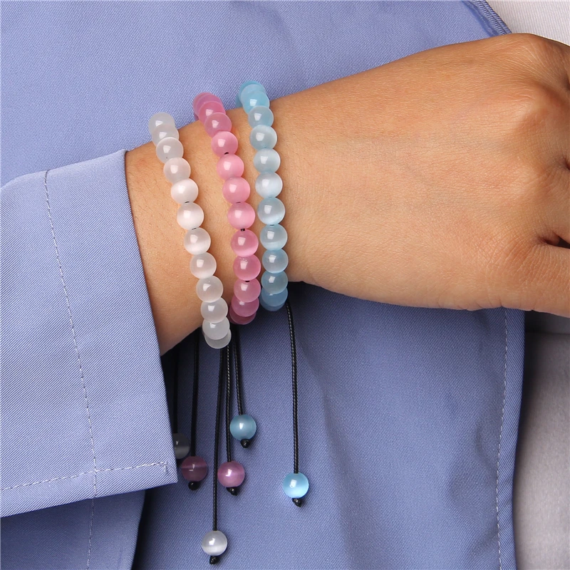 Женский плетеный браслет 8 мм зеленый белый розовый синий с бусинами кошачий глаз