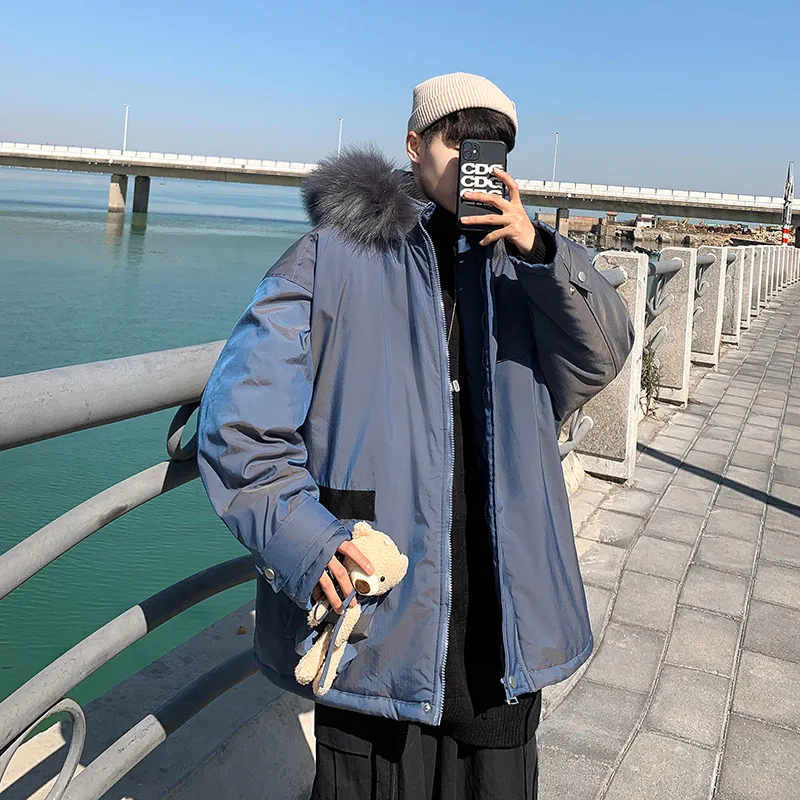 Cartoon Padded Jacket Plus Velvet Padded Fur Collar Hooded Padded Jacket Male Ins Tide Brand Loose Student Winter Jacket