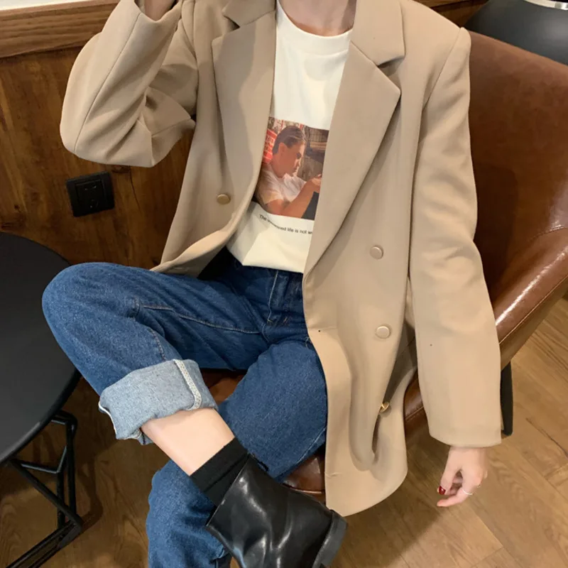 Женский двубортный Блейзер элегантный черный повседневный пиджак в Корейском
