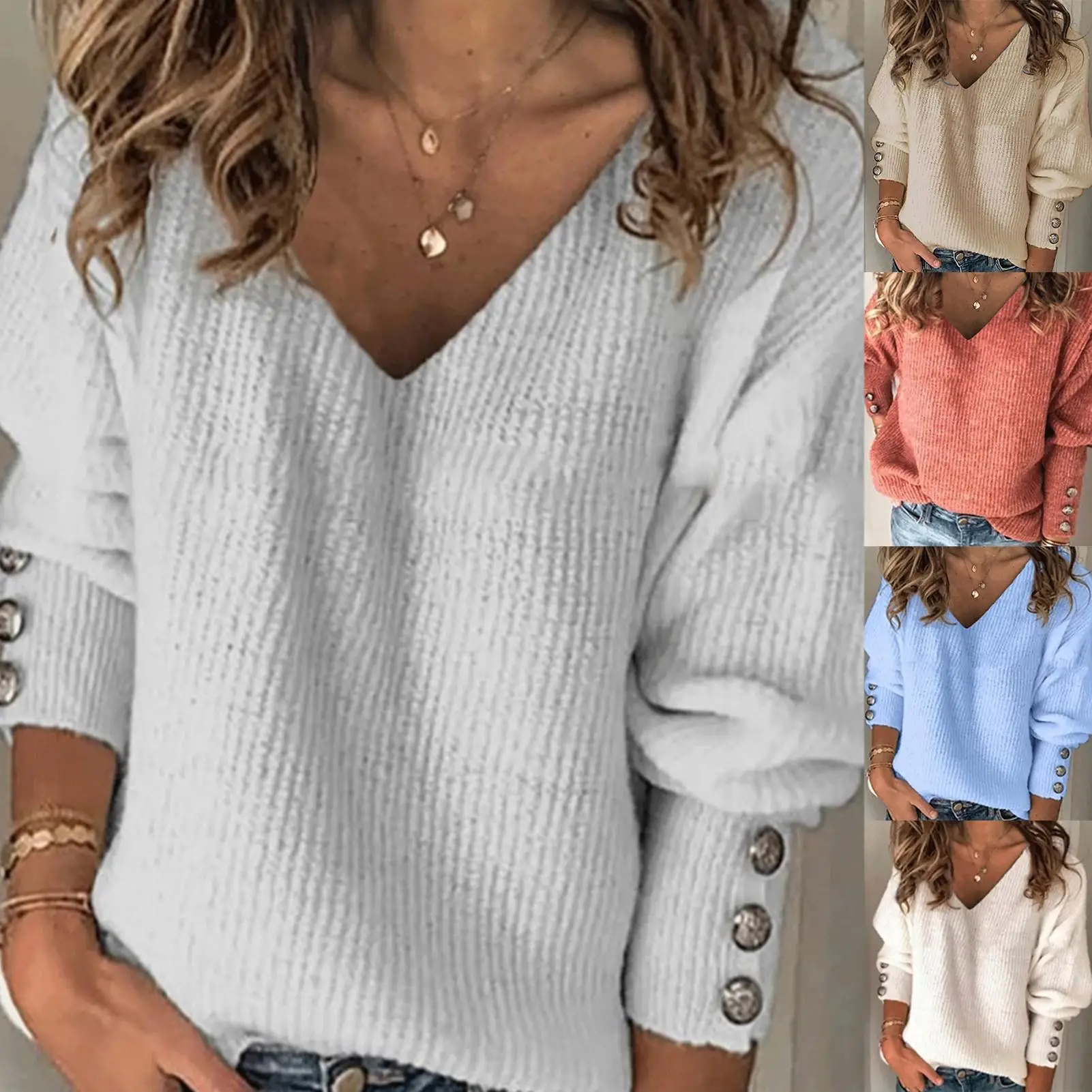 

Women Autumn Winter Sweater Knit Pullover Buttons Cuff Long Sleeve V Neck Ribbed Sweater Plus Size 2XL Warm Clothes For Female