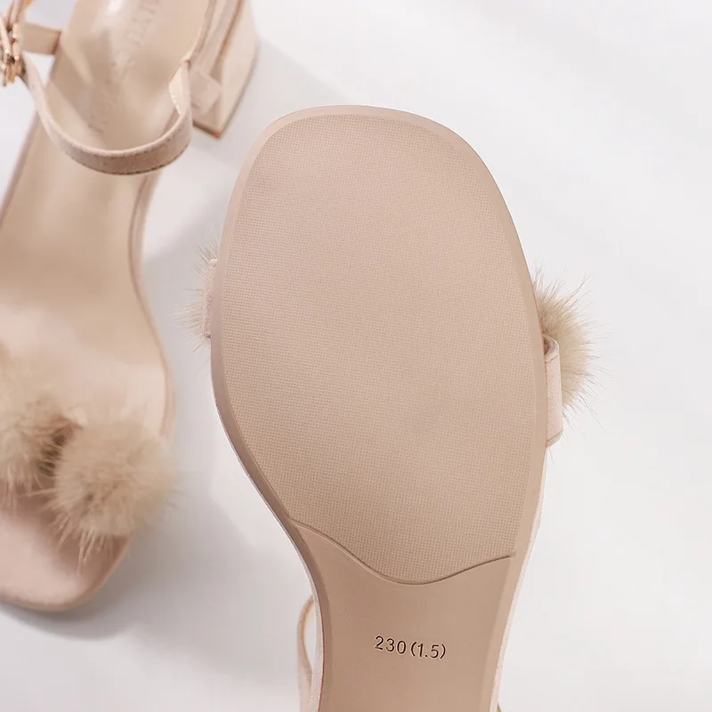 Women Summer Open Toe Comfy Sandals Flock Buckle Strap 6CM Thick High Heels Round Toe Shallow Back Strap women shoes size 35-42