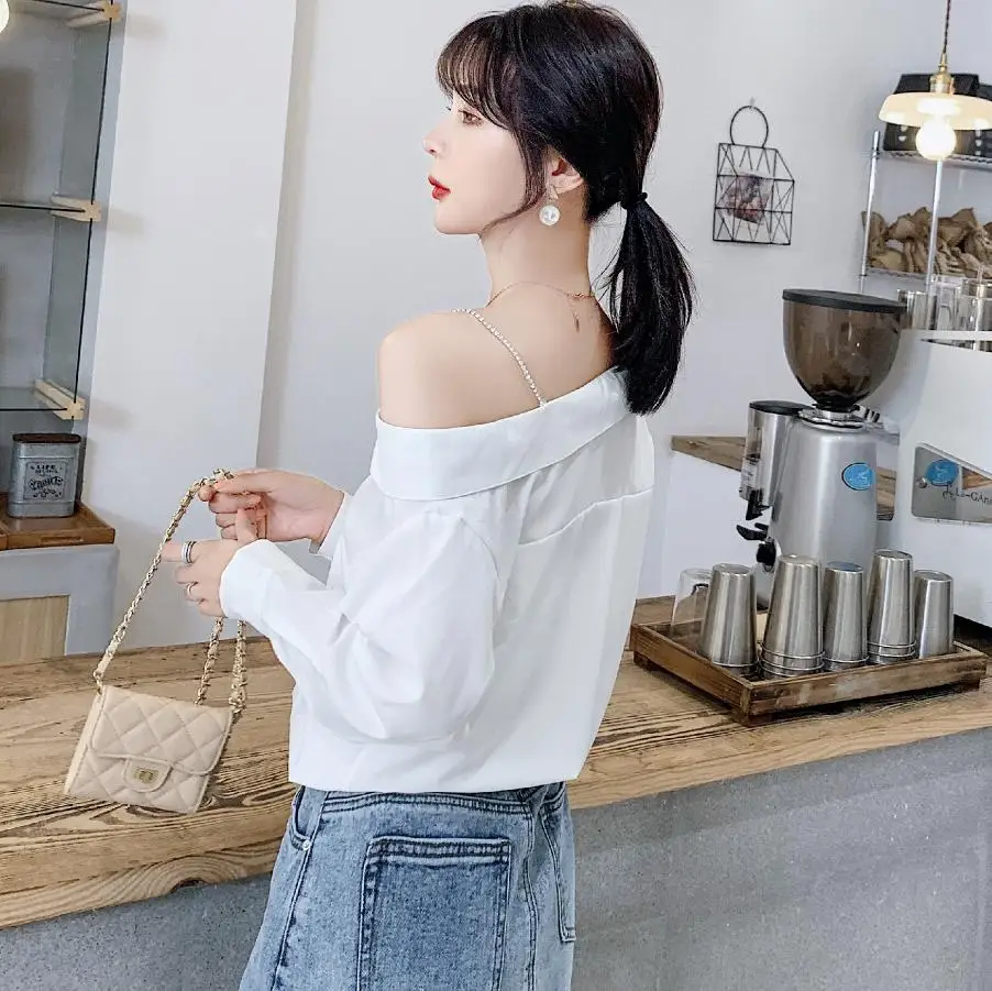 

New Elegant Sweet Women Off Shoulder Sling White Shirt Top Blouses