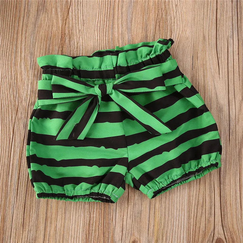 

Baby Girls 3 Pcs Watermelon Outfit Set Letter Pattern Ruffle Short Sleeve Button Romper Tops Striped Shorts/Pants Bow Headband