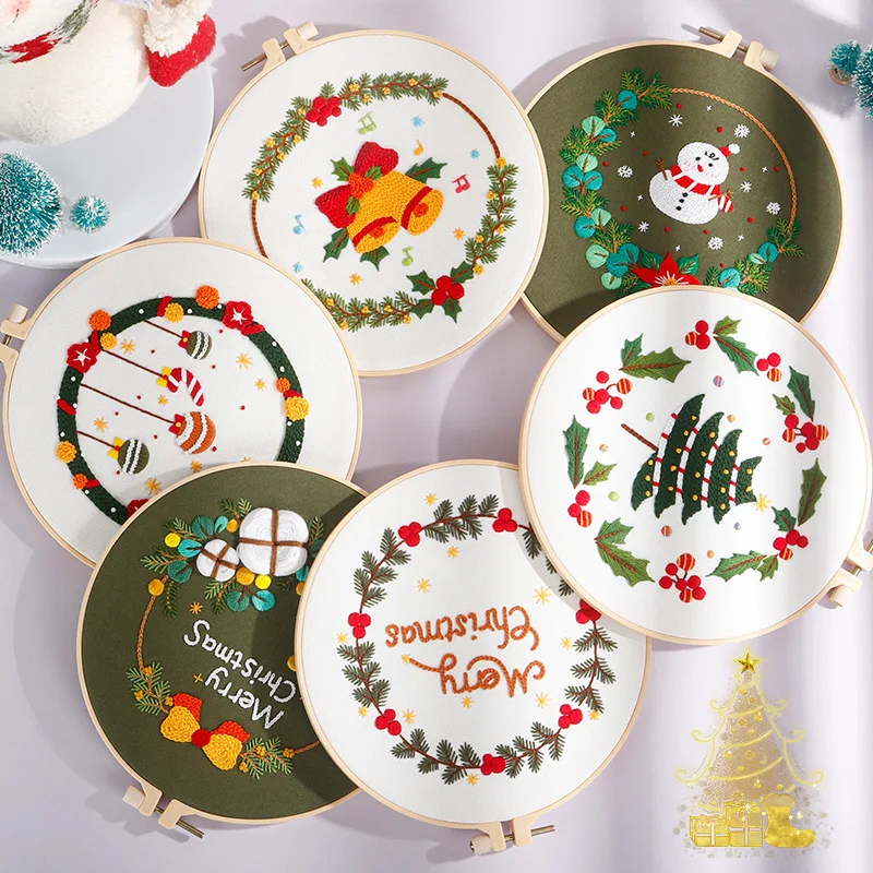 

2021 Merry Christmas DIY Embroidery Kit for Beginner Bamboo Hoop Cross Stitch Needlework Pattern Printed Sewing Tool Art Craft