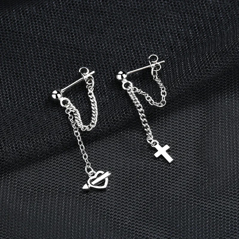 

925 Sterling Silver Asymmetry Cross Heart Korean Long Studs Earrings For Women Party Jewelry Accessories eh358