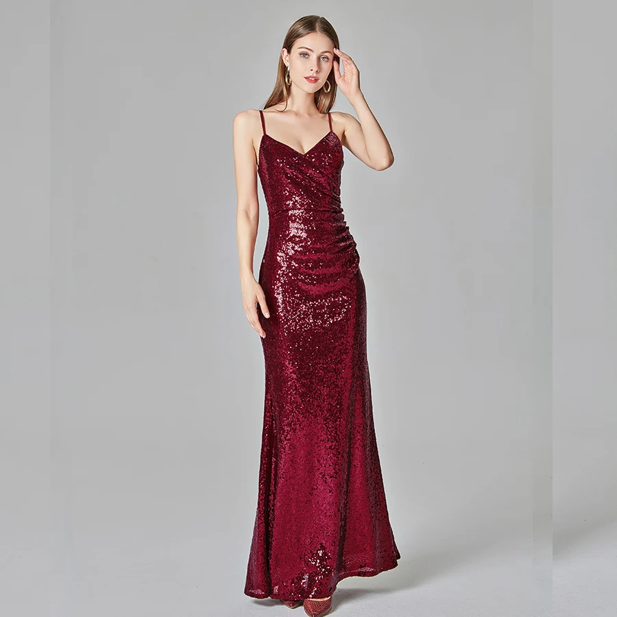Женское вечернее платье на бретельках длинное Бордовое без рукавов с блестками и