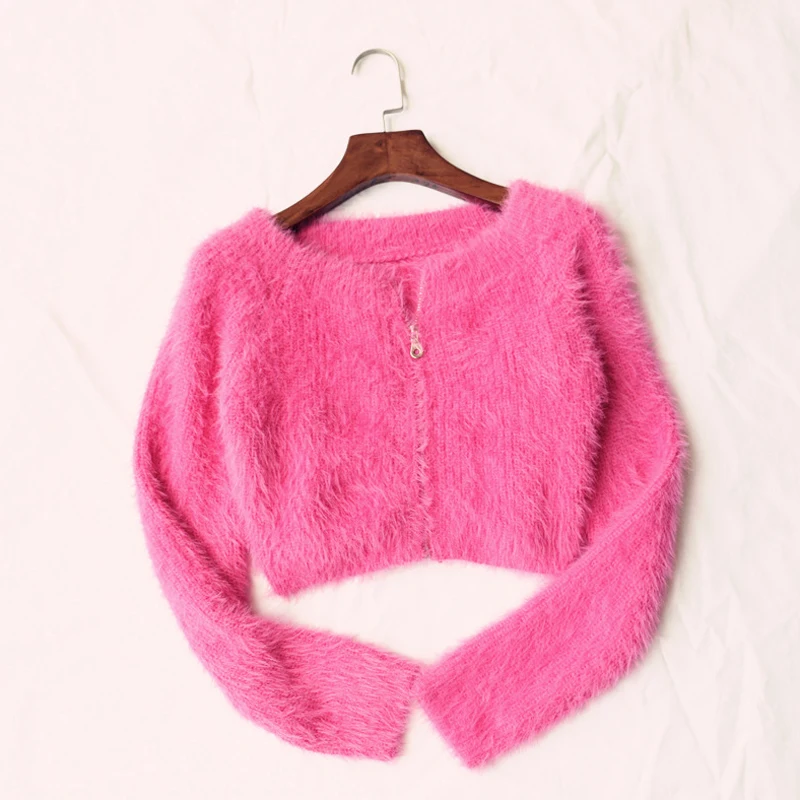 Сексуальный вязаный кардиган на молнии с открытыми плечами милый розовый