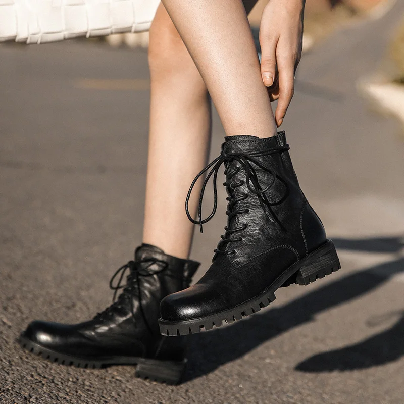 

Genuine mapi Martin boots thick heel Lace up British style Female Round toe lace-up short boots ankle boots Women