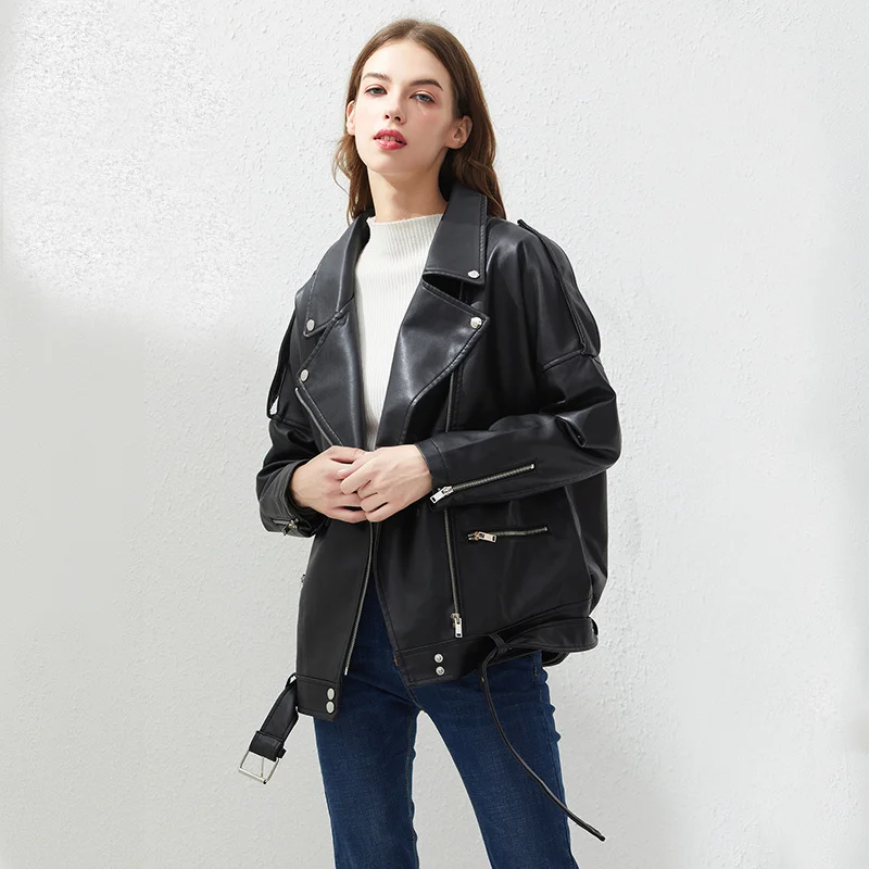 

Fitaylor PU Faux Leather Jacket Women Loose Sashes Casual Biker Jackets Outwear Female Tops BF Style Black Leather Jacket Coat