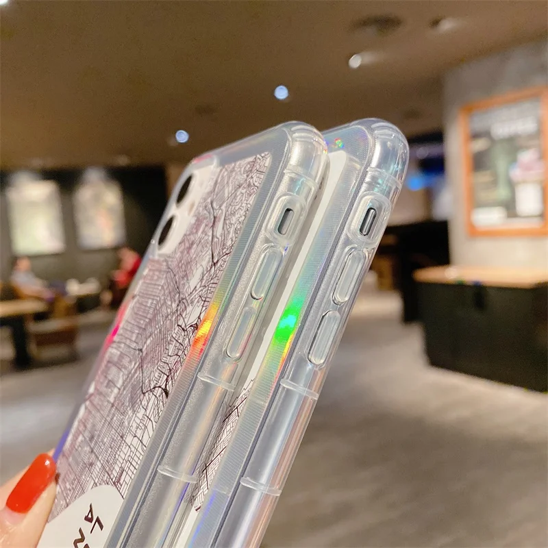 INS Bar Label Seoul New York Soft Silicon Phone Case For iPhone 14 13 12 11 Pro 7 8 Plus X XS XR MAX Laser light glisten cover