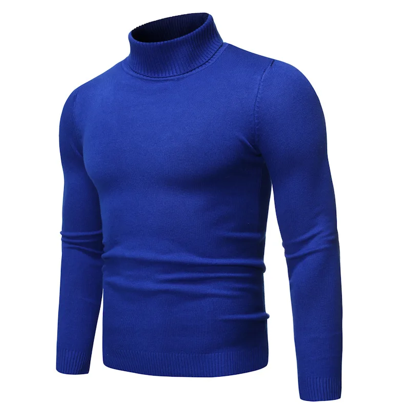 Мужской вязаный свитер синий теплый облегающий пуловер с высоким воротником