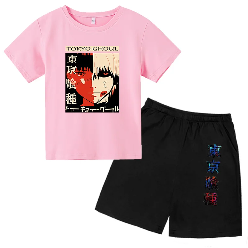 

Tokyo Ghoul Printed T-Shirt Streetwear Harajuku Anime Top Boys And Girls Dark Cartoon Loose Children T-Shirt Two-Piece Suit