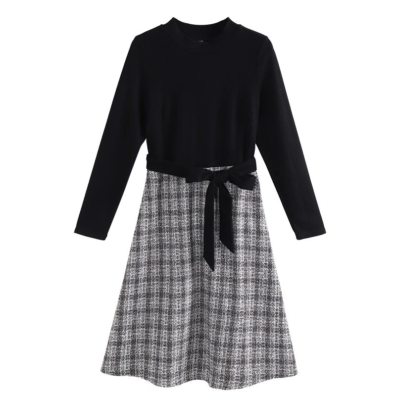 EC.MS платье из двух частей черный топ и клетчатая юбка элегантные офисные женские