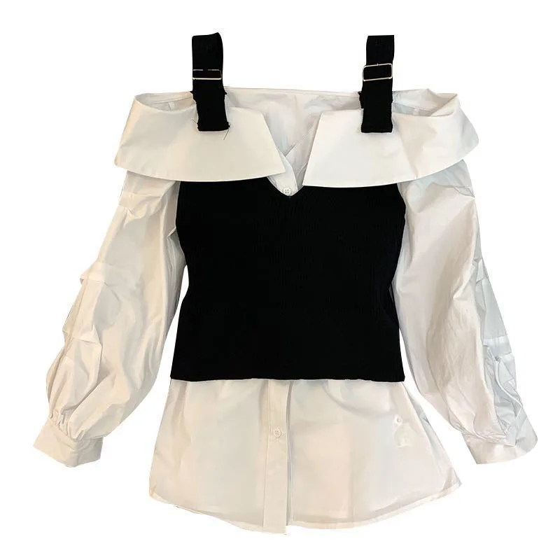 

2021 Fashion Early Autumn New Style Blouse Female Lapel One-shoulder Puff Sleeve Knitted Vest Blusa Two-piece Small Shirt GL007