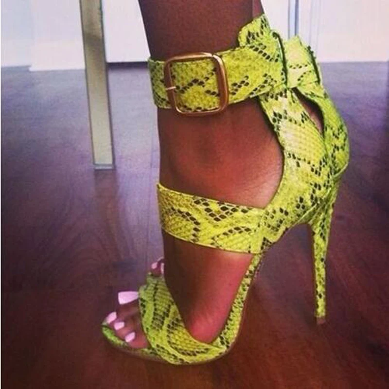 

Big Buckle Python Leather Straps Women Sandals High Heels Stiletto Open Toe Pumps Summer Gladiator Ladies Party Shoes Woman