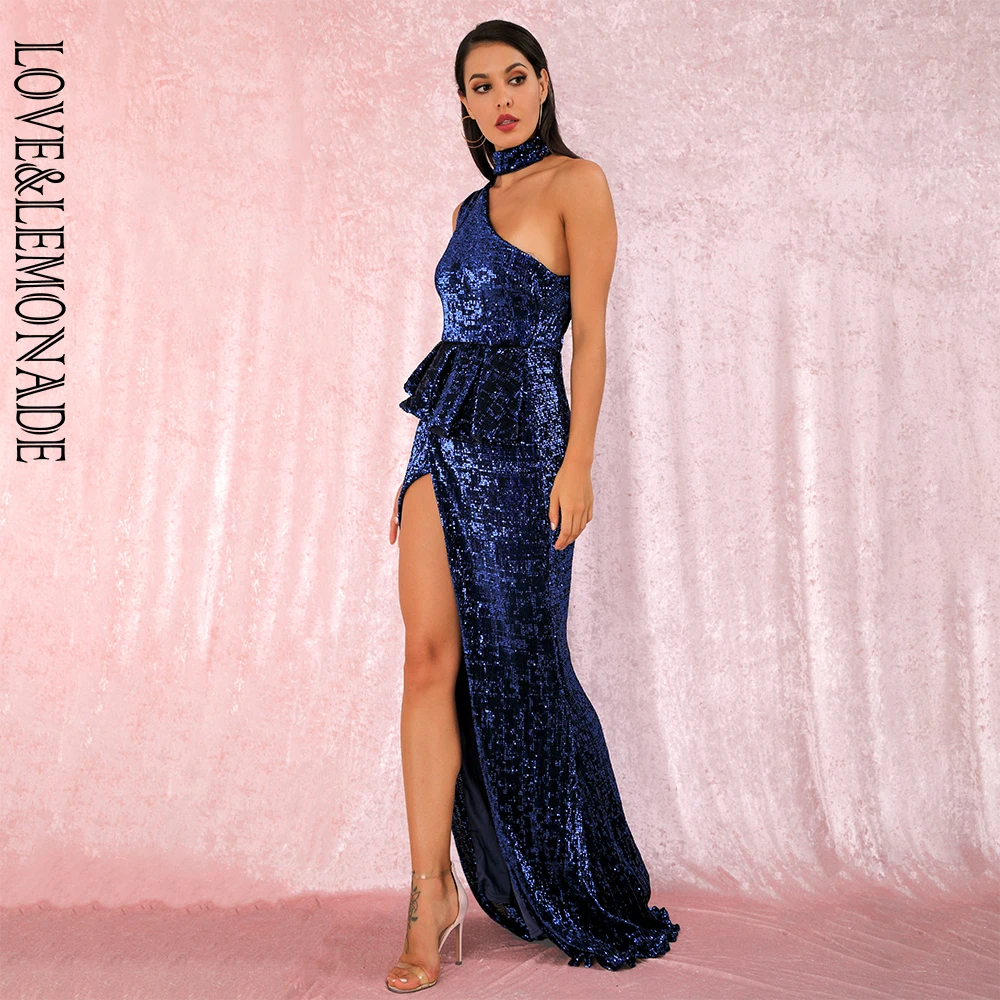 LOVE& LEMONADE A/W Сексуальные темно-синие Холтер без бретелек плечи Раффлед Сплит эластичные Блестки без рукавов вечерние платья макси LM81953