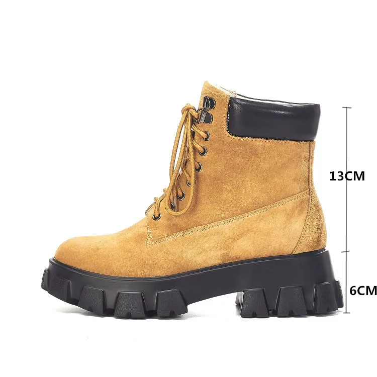 Женские замшевые ботинки PXELENA желтые черные на массивной платформе в стиле панк