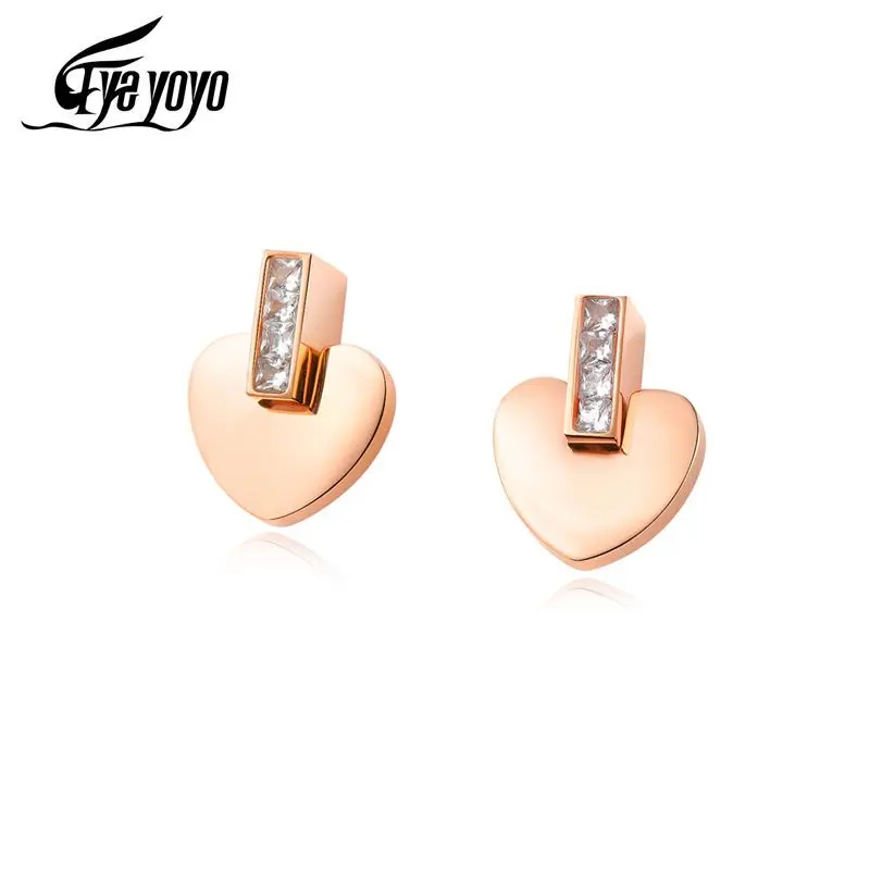 Женские серьги гвоздики с сердечками EyeYoYo из титановой стали и розового золота