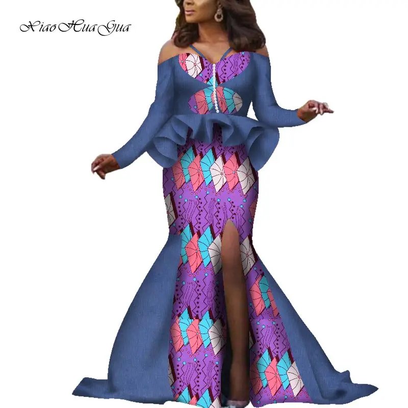 New African Outfits Beads Decration Off Shoulder Tops and Floor-length Long Mermaid Skirt Sets 2 Pieces African Clothing WY6173