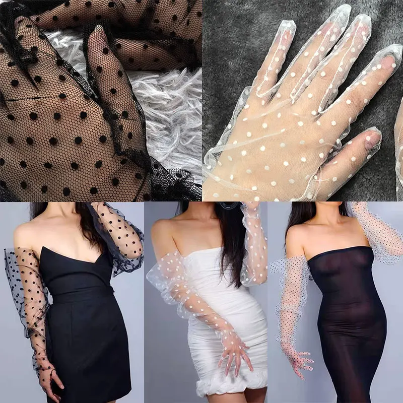 

Polka Dot Lace Big Puff Sleeves Long Gloves Transparent Mesh Formal Prom Lace Gloves Stretchy Lace Spots Full Finger Mittens