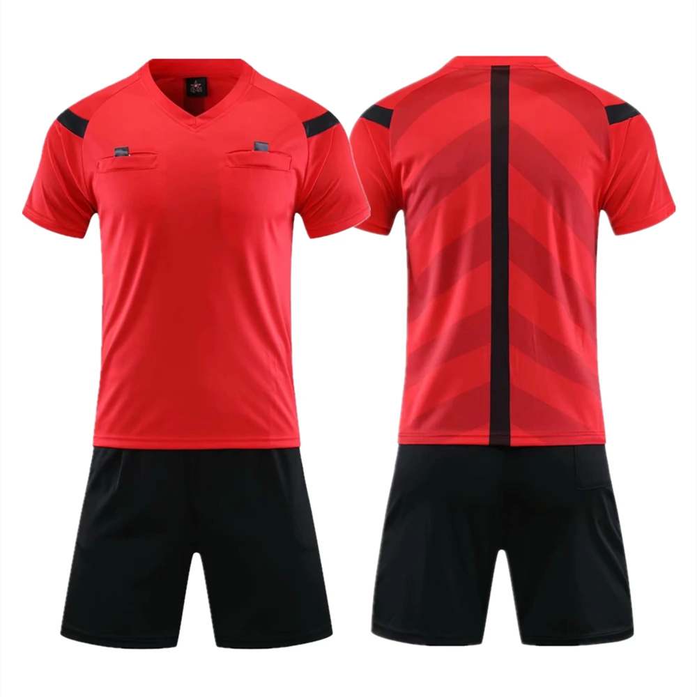 

Professional Referee Soccer Jersey Set Adult Football Referee Uniform Short Sleeve V-neck Judge Shirt Three Pockets Shorts Kit