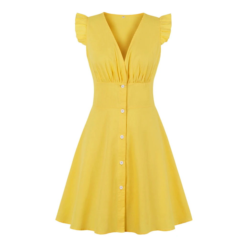 

Sexy Women Yellow Dress Single-breasted 2021 High Waist Party V Neck A Line Casual Summer Dress SP1173