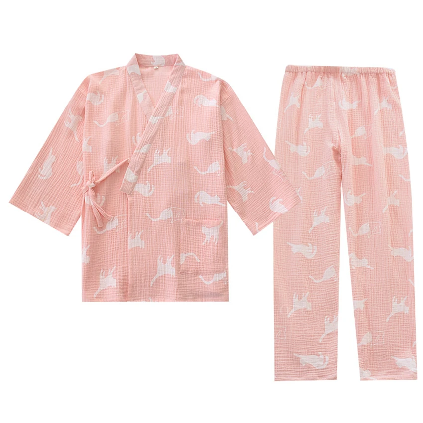 

Japanese Style Kimono Set Sleepwear for Women Men Traditional Spa Cat Printed Yukata Cotton Breathable Top Pants Robe Set Pajama