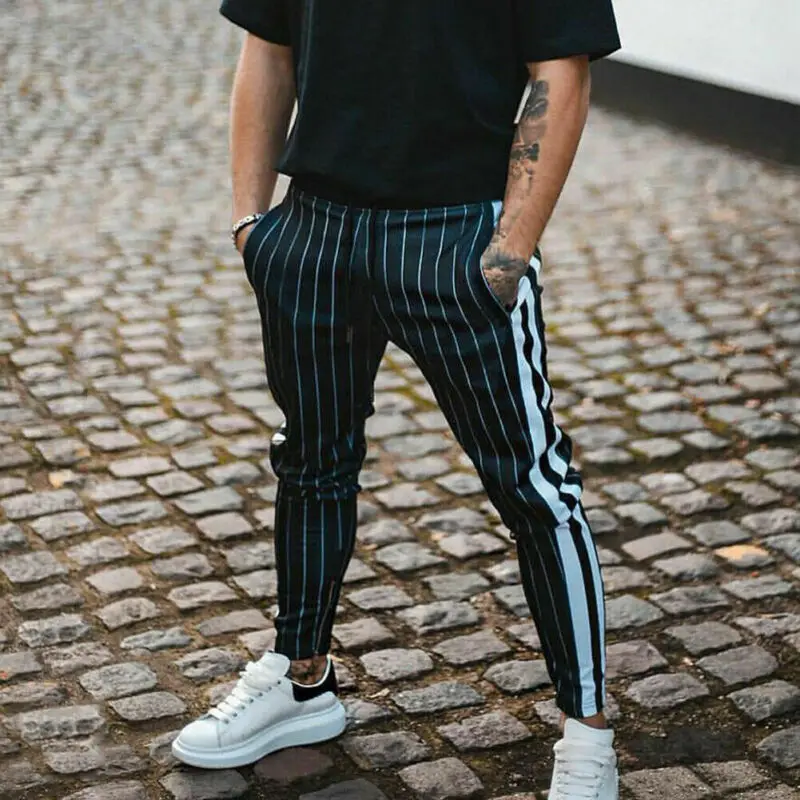 

New Men Pants Striped Pants Male Streetwear Long Pencil Joggers Pants Casual Trousers Drawstring Side Stripe Slacks