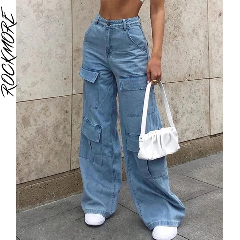 

Rockmore Women'S Jeans Baggy Big Pockets Wide Leg Cargo Pants Streetwear Casual Y2K Mom Boyfriend High Waist Denim Trousers 90s