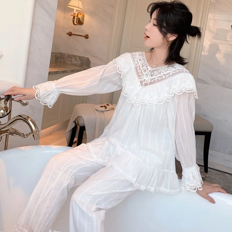 

Autumn Embroidery Lace Princess Retro Woven Cotton Pajamas Suit Long Sleeve Trousers Set Outwear Sleepwear
