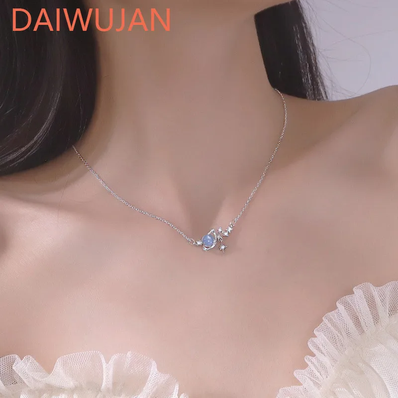 

DAIWUJAN New 925 Sterling Silver Star Moon Necklaces For Women Shiny Gemstone Planet Clavicle Chain Party Wedding Accessories