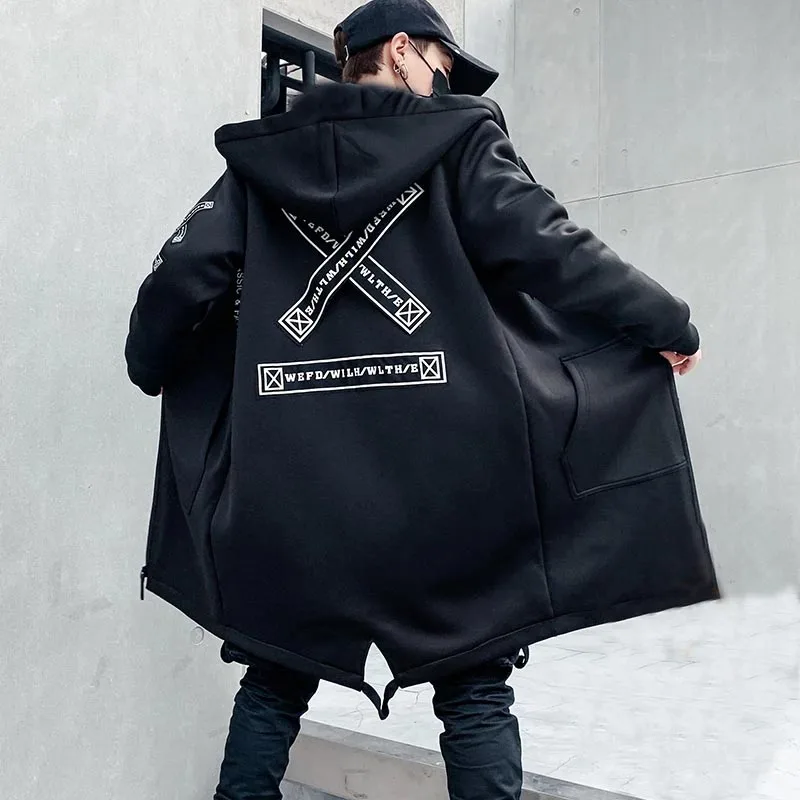 

Winter Mens Jacket And Coats Thick Hooded Streetwear Black Windbreaker Warm Long Hip Hop Outwear Mid-length Couple Outfit