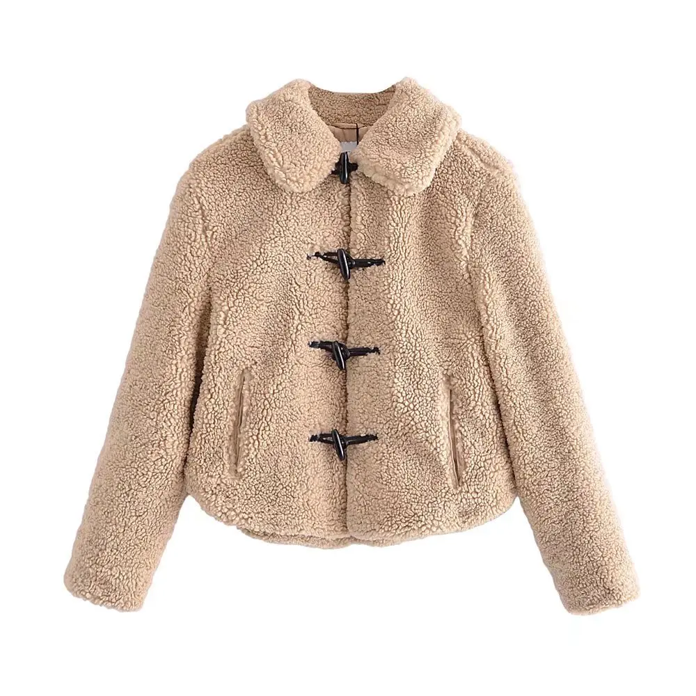 

Willshela Женская модная куртка из искусственной овчины с длинными рукавами, воротником с отворотом, передними карманами, застёжкой, повседневн...