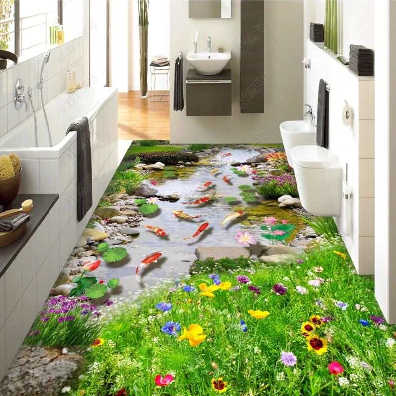 

Flower Wallpaper Sticker Lotus Carp Floor Mural Grass Stone Park 3d Floor Stickers