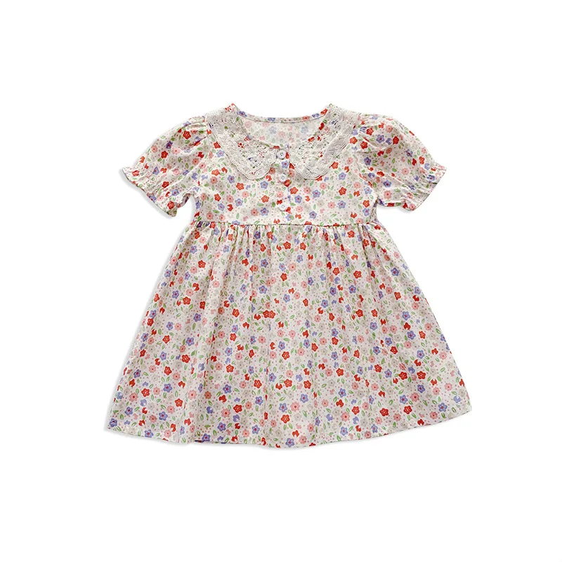 

Летние платья для маленьких девочек, милое кружевное платье принцессы с цветочным принтом, короткими рукавами и отложным воротником для де...