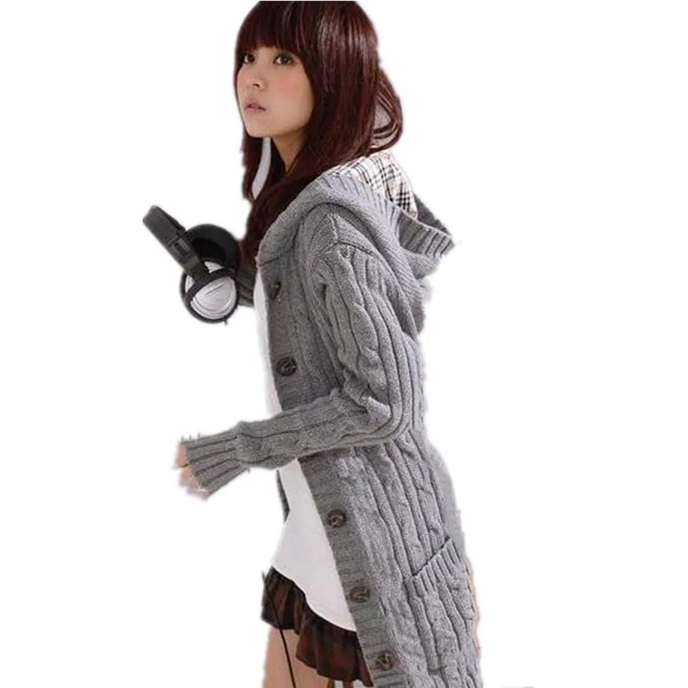 

Women's Knitted Cardigan Plaid Hooded Slim Solid Color Twist Lace Up Thickened Cardigan Women Long Knitted Hooded Coat Sweater