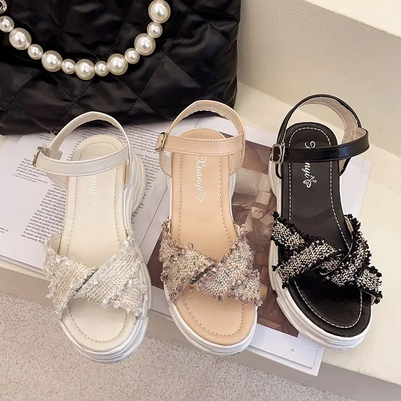 

2021 Summer New One Word With Sandals Wild Thick Bottom Increased Sandals Muffin Fairy Fashion Shoes Mujer Zapatos Size 35-40