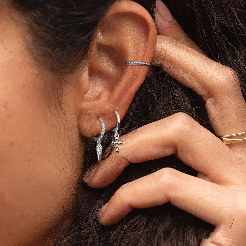 

A00755 Geometric Spike Dangle Round Stud Earrings for Women Genuine 100% 925 Sterling Silver Punk Hip Hop Fine Jewelry