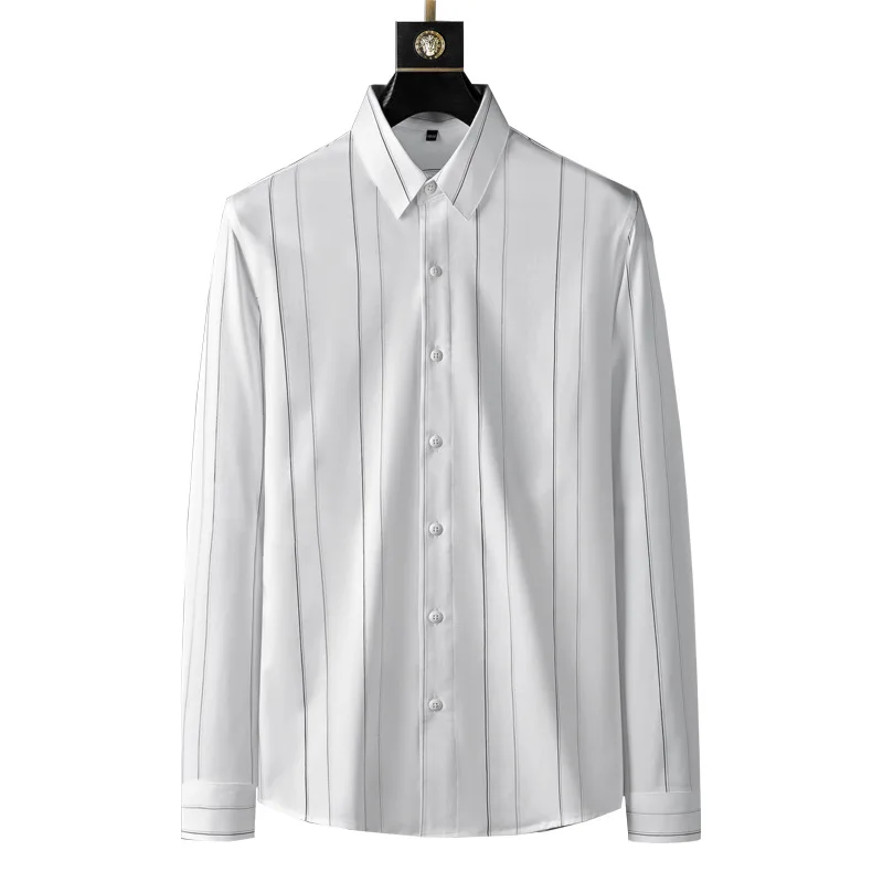 

2021 Men Business White Shirt Long Sleeve Breathable Striped Shirts Designer Top Quality Man Casual Clothing Coats Chemise Homme